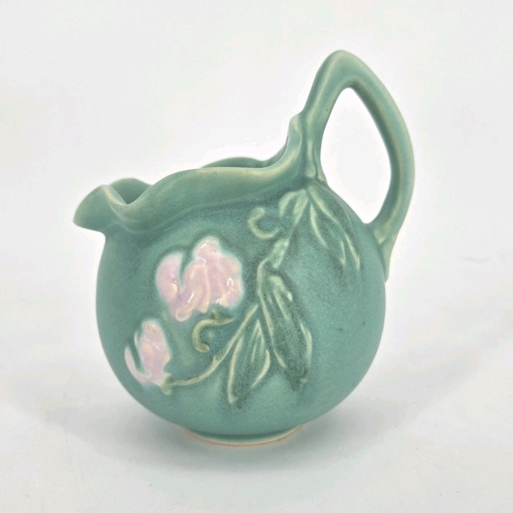 Vintage Weller Bouquet F-20 Turquoise Ball Pitcher Pink Floral Art Pottery 1930s